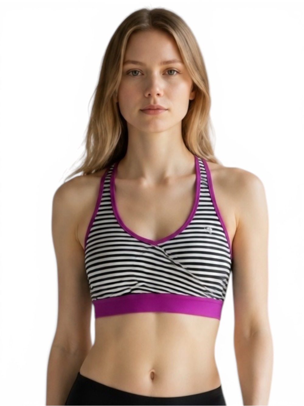 Champion Striped Black & White Nursing Sports Bra with Purple Trim SZ/XL